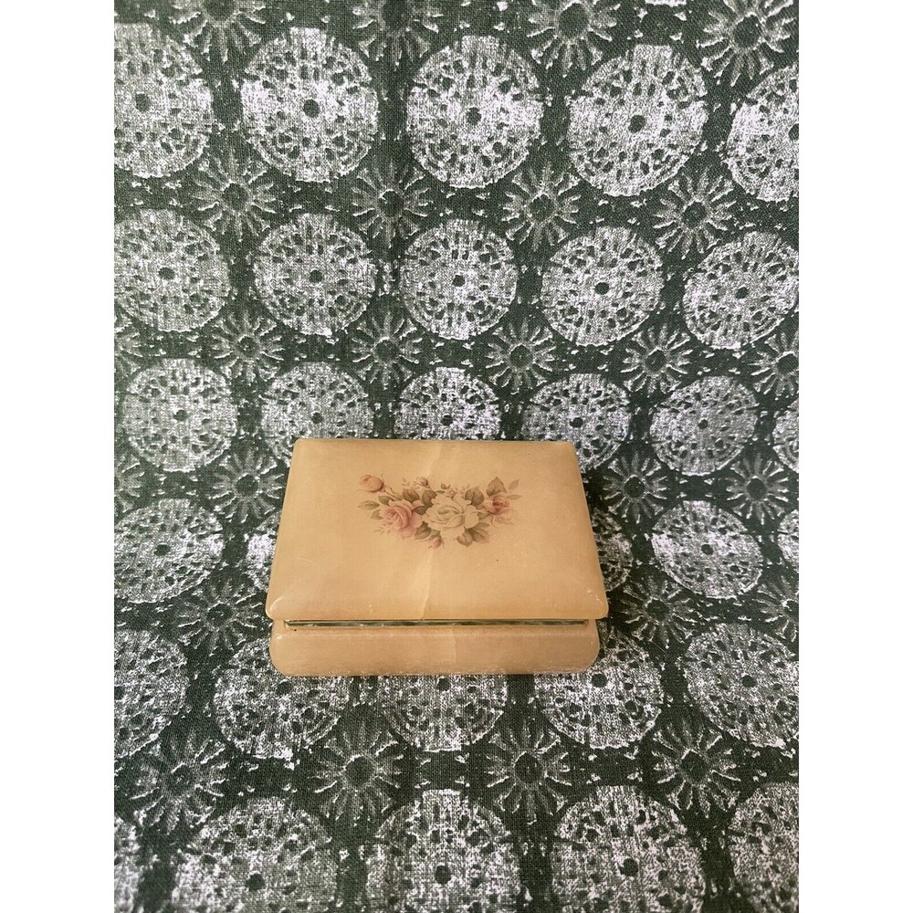 Vintage Yellow Alabaster Stone Jewelry Trinket Box with Floral Design